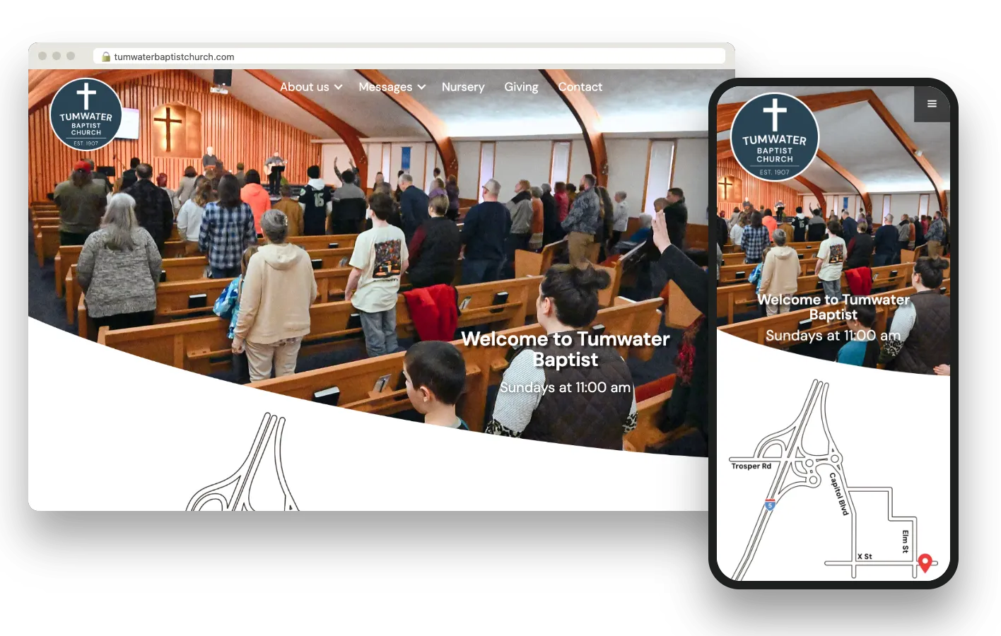 Tumwater Baptist Church website on desktop and mobile